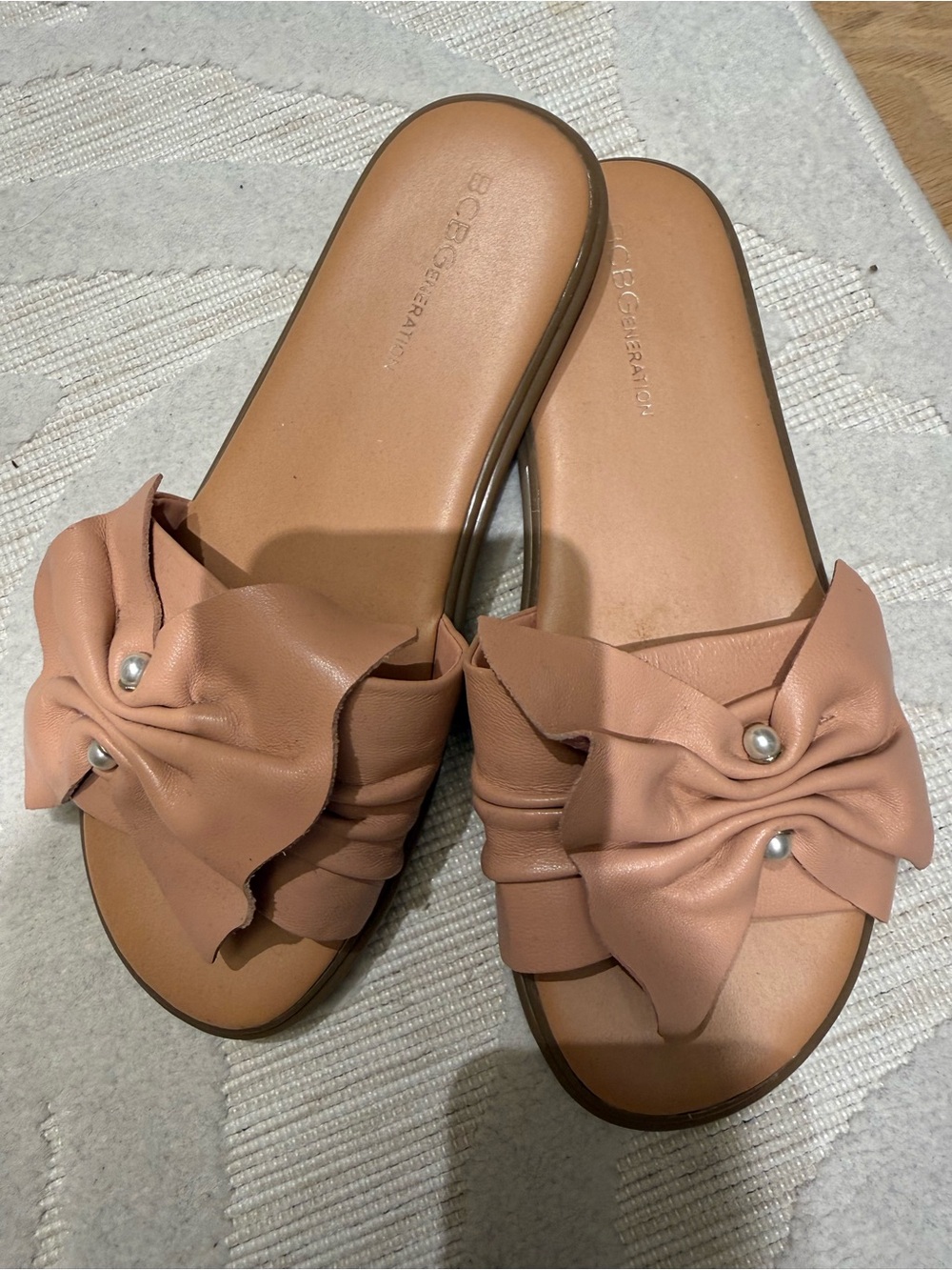 BCBGeneration Blush Bow Slide Sandals with Pearl Accents